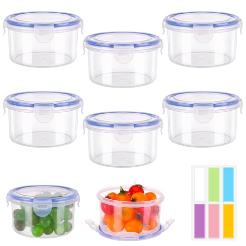 ELLECILA Embalagem de 6 recipientes herméticos de plástico para armazenamento de alimentos com etiquetas de categoria, recipientes redondos de armazenamento de alimentos com tampas, empilháveis