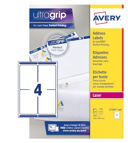 Avery Bonus Pack of Labels, Laser Printer, White Blank A4 Labels, 30 Sheets Plus 10, 139 x 99.1mm, UltraGrip, L7169-30BP - Image 2