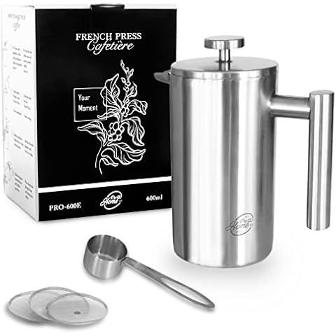 Pro@Home43® French Press Edelstahl 0,6l Thermo Kaffeebereiter Outdoor, Kaffeepresse Kaffeezubereiter Camping Kaffee Presse inkl. Edelstahl Dosierlöffel Cover
