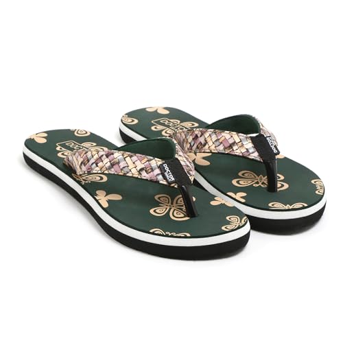 Doctor Walk Women's Butterfly Print Flip Flops with Woven Straps, Black and White, Comfortable Anti-Skid Footbed Slipper