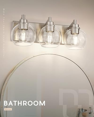 Image of Bathroom Light Fixtures, 3-Light Brushed Nickel Vanity Light, Modern Wall Sconces with Globe Clear Glass Shade, Vanity Lighting Fixtures Over Mirror, VL195-BN-CL-3