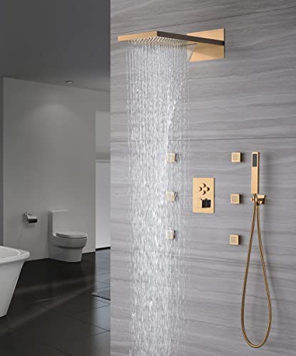 Sistema de ducha rectangular Cascada 9"x22" con mango único y 4 botones, 4 funciones (lluvia, cascada, jets corporales y ducha de mano) (Oro pulido) miniatura 2