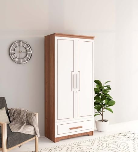 Image of COUCH CULTURE Amber Engineered Wood 2 Door Wardrobe with Drawer | Almirah | Wardrobe with Hanging Rode and Lock | Storage Organizer | Multipurpose Almirah | 1 Year Warranty - White & Leon Teak