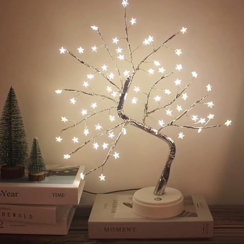 Zilloquil 60 LED Stars Bonsai Tree Lights, with USB/Battery-Powered, Touch Switch, Adjustable Branches for Home Decoration, Table, Desk Lamp,Indoor Decor,Bedroom,Christmas Party (Tree Lamp Star)