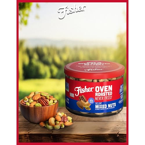 Image of Fisher Snack Oven Roasted Never Fried, Almonds, Cashews, Pecans, Pistachios, Made with Sea Salt, Deluxe Mixed Nuts, 8.75 Oz