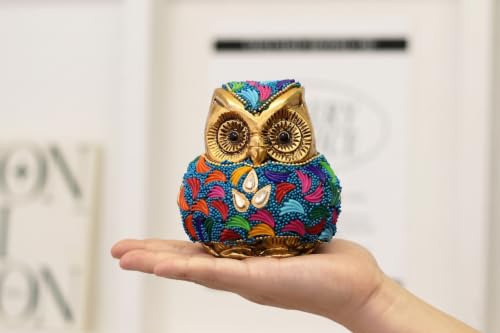 Image of Vintage Metal Owl Showpiece and Paper Weight Metal Handicraft Idol for Home Decor (Gold Stone)