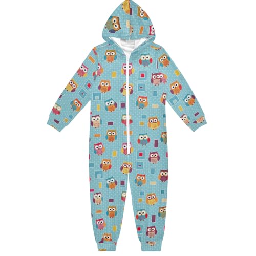 Bonito mono unisex con capucha para niños, disfraz de una pieza para Navidad, Halloween, cosplay, para niños y niñas, Lindos búhos de dibujos animados azul, 13-14 años