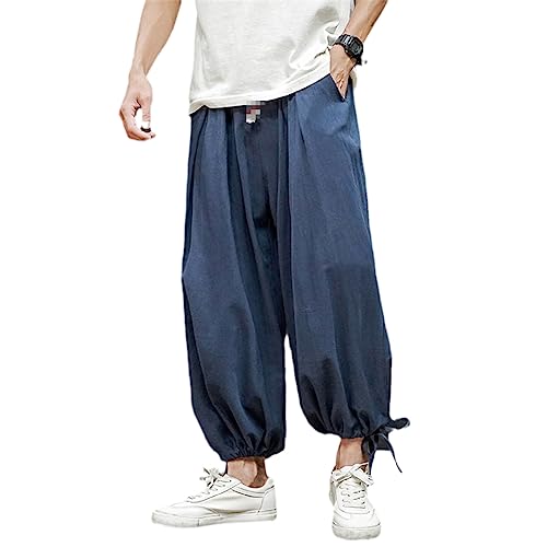 Pantalon sarouel homme 3XL anti-chaleur en coton lin ample bleu marine pour rester au frais