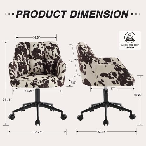 Image of Modern Swivel Home Office Desk Chair with Wheels, Cow Print Velvet Height Adjustable Comfortable Ergonomic Upholstered Vanity Make up Chair, Cute Cowhide Computer Armchair for Living Room Home