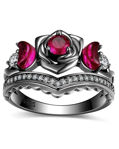 Gothic Triple Moon Ring - 925 Sterling Silver Black Moon Phase Rose Ring, Valentine's Day Christmas Birthday Promise Crown Engagement Jewelry Gift for Women