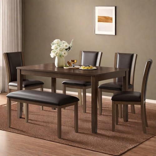 Trygoal Dining Table Set for 6, Farmhouse 6 Piece Dining Room Table Set with Rectangular Table, 4 Upholstered Backrest Chairs and Bench, Counter Height Kitchen Sets with Warm Woodgrain Finish, Walnut