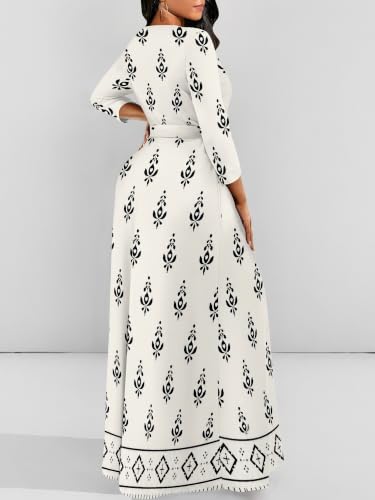 Image of Women Plus Size Long Sleeve V Neck Maxi Dress with Belt | Soft fabric relaxed fit three quarter sleeve v neck with pockets for party and daily wear