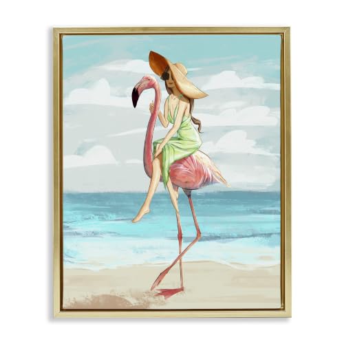 'Beach Woman Riding Pink Flamingo'| Floating Frame Canvas Art