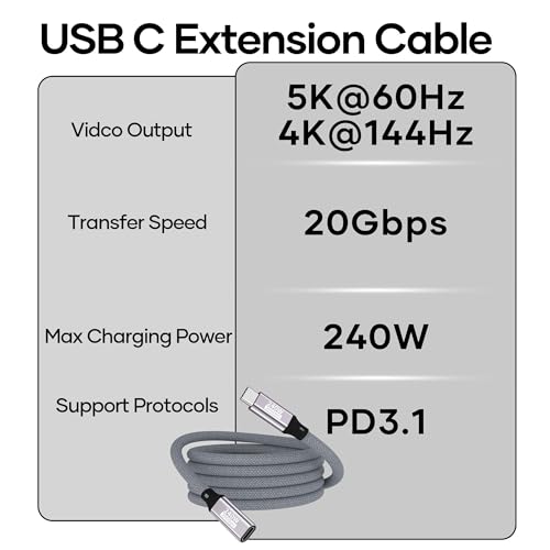 Kabel przedłużający USB C, 0,5 m 20 Gb/s / 240 W/5K @ 60 Hz USB C 3.2,4K@144Hz kabel wideo typu C męski na żeński kompatybilny z iPhone 17/16/15/Pro/Pro Max/MacBook Pro/iPad Pro, laptop, monitor