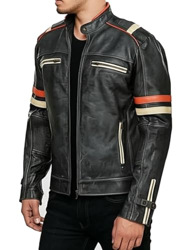 SpazeUp Men's Vintage Motorcycle Cafe Racer Black Distressed Leather Jacket - Retro Moto Biker Jackets for Men2