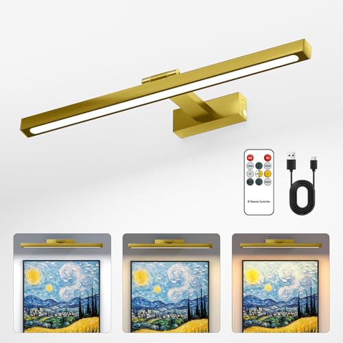 Image of Rechargeable Picture Light,15.74 Inch Battery Operated Wall Mounted Art Lamp with Remote,4000mAh Long Lasting,3 Color Dimmable Timer,270 Adjustable Gallery Poster Light(Brass)