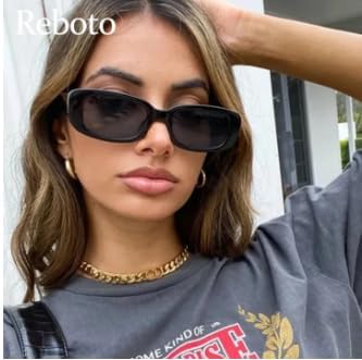 Image of Rectangular Sunglasses, Black Frame, Dark Grey Lenses, Retro Style-Men Women