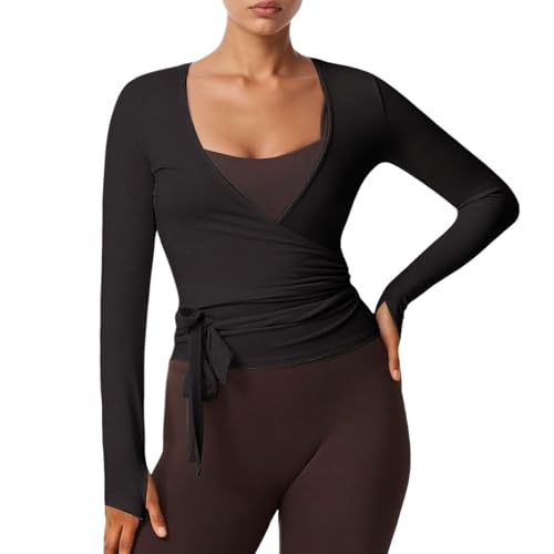Cache-Coeur De Danse Femmes Uni Col V à Manches Longues Pilates Haut Coupe Ajustée Exercice Yoga Tops Ballet Bandage Cardigan Doux et Confortable Femme Sport...