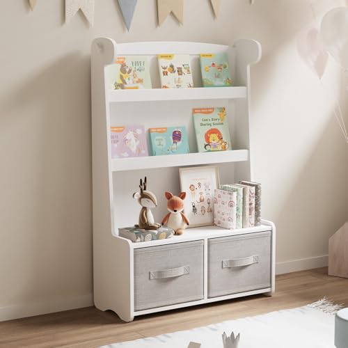 Image of WISUCART Kids Bookshelf and Toy Storage Organizer, 3 Tier Bamboo Todders Book Shelf Large Book Rack for Child Room Playroom Nursery for Kids, Children, Toddlers (White)