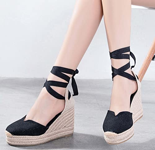 Image of Womens Espadrille Wedge Sandals Closed Toe Platform Lace Up Ankle Strap Slingback Summer Dress Shoes