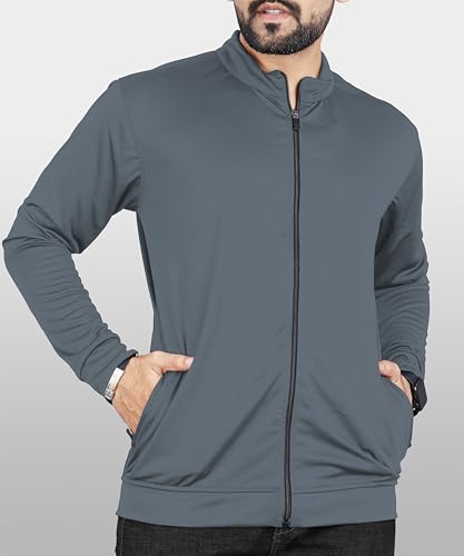Image of FIBREZA Men Stylish Track Jacket Solid Polyester Sports wear jacket Long Sleeves Full Zip with Pocket Gym, Running