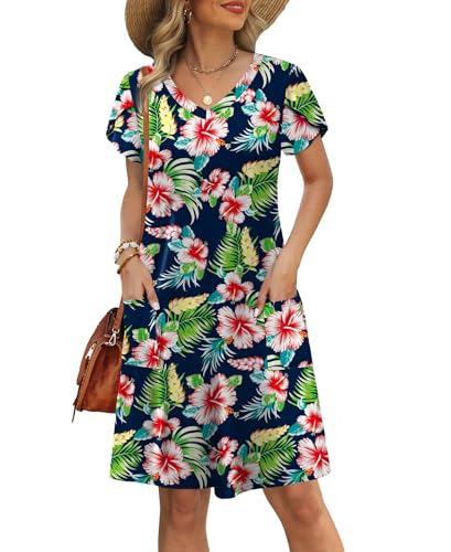 Image of OFEEFAN Womens Summer Dresses 2026 Tulip Petal Short Sleeve V Neck Loose Swing Sundresses with Pockets Plain /Print