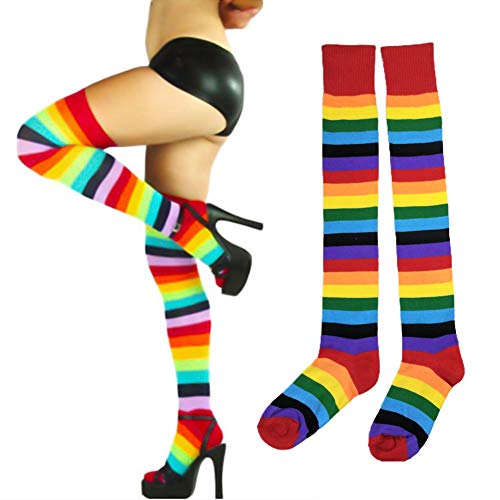 Ladies Thigh High Stockings, Knee-High Rainbow Colored Christmas Party Cos Prom Stockings Knee-Length Striped Socks, 28 Inches in 1 Pair.