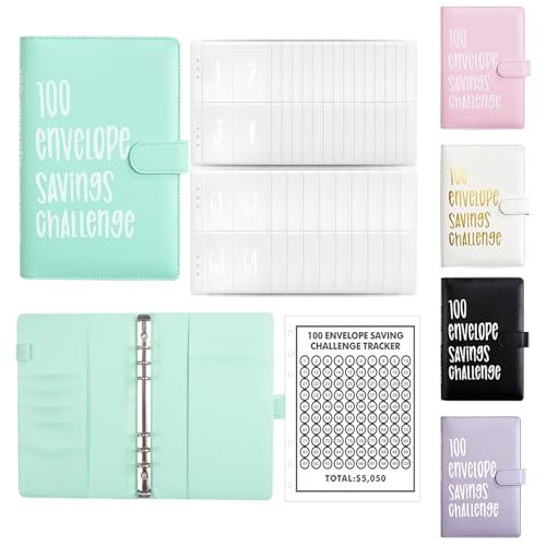 AMONENZ Grün Budget Planer, A5 Geldsparmappe, Kunstleder Sparbuch | mit 100 Umschlägen, Wasser und Staubdicht, Home School Office Budget Binder
