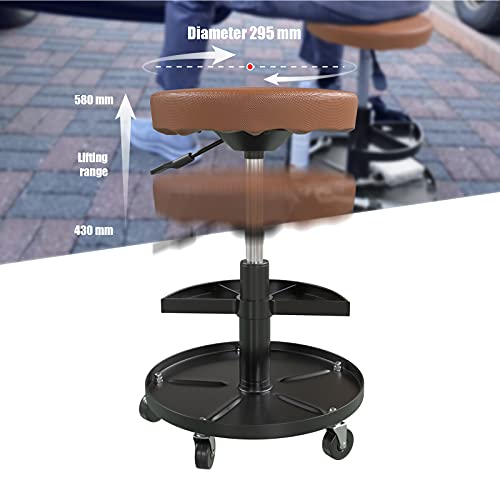 HASKYY Werkstatthocker Rollhocker | Höhe 430-580mm I Sitz Geleinlage | Werkstatt-Arbeits-Hocker-Stuhl-Sitz I 135kg | ø40 cm | 2 Ablagen