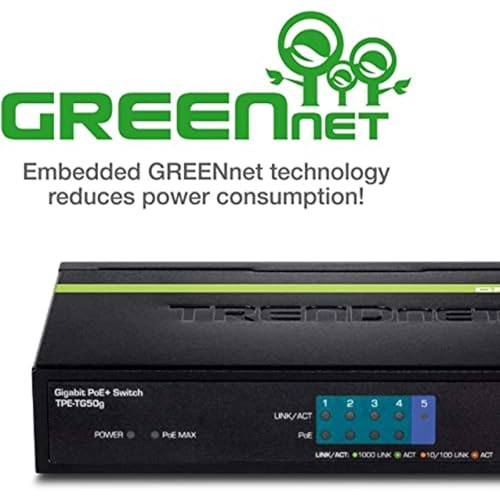 Image of TRENDnet 5-Port Gigabit PoE+ Switch, 31 W PoE Budget, 10 Gbps Switching Capacity, Data & Power Through Ethernet To PoE Access Points And IP Cameras, Full & Half Duplex, Black, TPE-TG50g