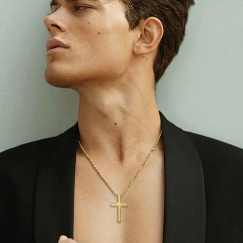 Image of 14K Gold Cross Necklaces for Men,Crosses Pendant Necklace for Mens Minimalist Religion Jewelry Chunky Box Chain 24in
