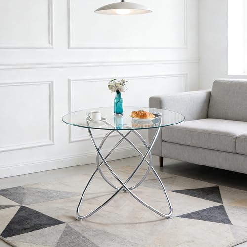 LLGWGL Table à manger ronde en verre de 80 cm avec pieds en métal - Table de cuisine moderne et peu encombrante pour 2 à 3 personnes (transparent + chrome)