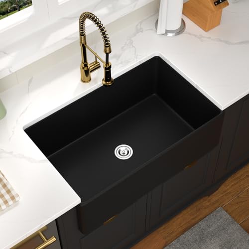 GhomeG Black Farmhouse Sink Workstation 33x20 Kitchen Sink 33 Inch Black Fireclay Porcelain Apron Front Kitchen Sinks Single Bowl 10 Inch Deep Ceramic Farm Sinks