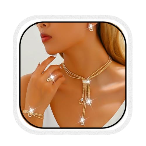 CLOACE Gold Long Choker Necklace Set Punk Cuban Y-Necklaces and Bracelet Fashion Chain Jewelry Accessories for Women (G-4)