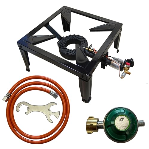 Gaskocher 10,5 kW – Hochleistungs Hockerkocher mit 3/4 Fuß Gestell, 1,5 m Schlauch – Outdoor Campingkocher Gartenküche Gaskocher 10,5 kW – Hochleistungs Hockerkocher mit 3/4 Fuß Gestell, 1,5 m Schlauch – Outdoor Campingkocher Gartenküche