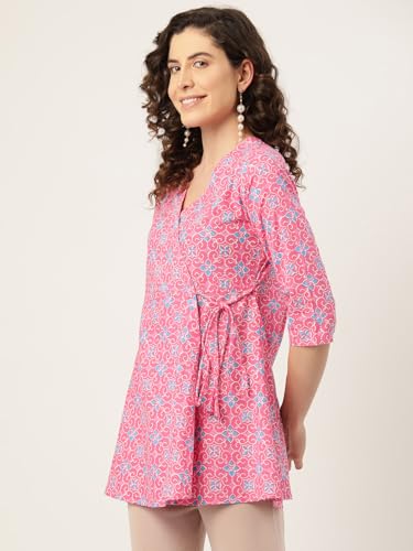 Image of feranoid Floral Print Angrakha 3 Sleeves Flared Kurti