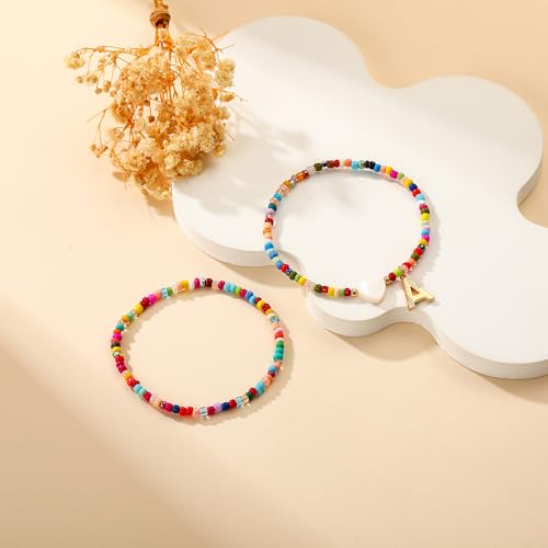 2PCS Colorful Softball Initial Bracelet for Women Girls, A-Z Gold Layered Beaded Stretch Bracelets Softball Mom Letter Stackable Jewelry ldeas Gifts3