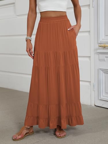 Image of ANRABESS Womens Maxi Skirt Elastic High Waist Swing Tiered A-line Flowy Pleated Boho Beach Vacation Long Skirts