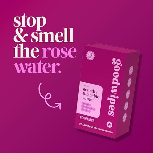 Image of goodwipes Flushable Wipes for Women - Rosewater Individually Wrapped Travel Butt Wipes To Go, Mini Purse & Festival Essentials for Adults, pH Balanced for Feminine Hygiene, 32 Count (1 Pack)