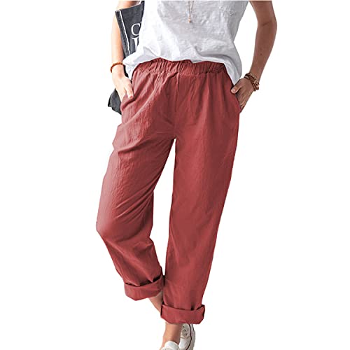 LOKIH Femme Couleur Unie Pantalon De Poche Ample Femme Décontracté Cordon Droit Pantalon Long,Rouge,3XL Cover