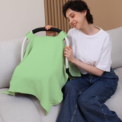 Image of 100% Muslin Cotton Car Seat Cover Baby, Carseat Canopy Cover, Universal Fit Stroller Covers for Boys and Girls (City Green)
