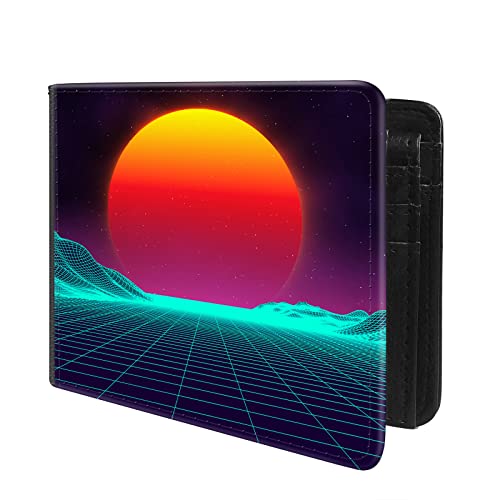 (80's Retro Vaporwave Mountain Sunset-01 Front Pocket Slim Bifold Leather Wallet RFID Blocking with ID Window for Men
