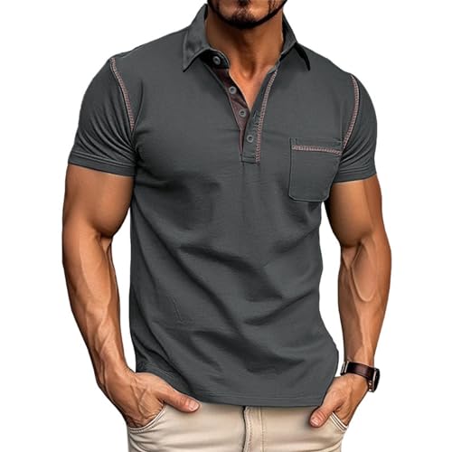 Men's Fashion Polo Shirts Classic Short Sleeve Lightweight Button Cotton T-Shirt Casual Golf Tee Tops with Pocket