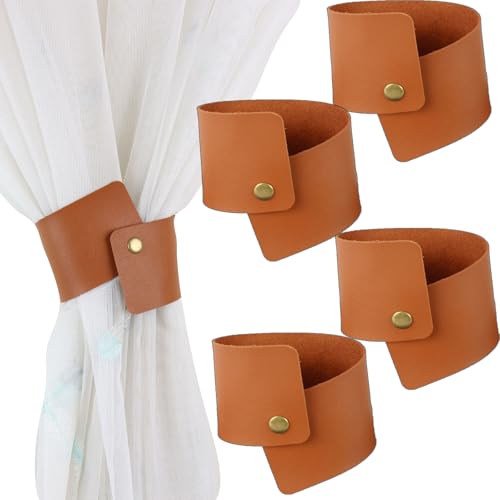 4 Pcs Leather Curtain Tiebacks Retro Brown Curtain Tie Backs Holdbacks Tiebacks, Curtain Rope Buckle for Home Living Room Bedroom Office Curtain Accessories