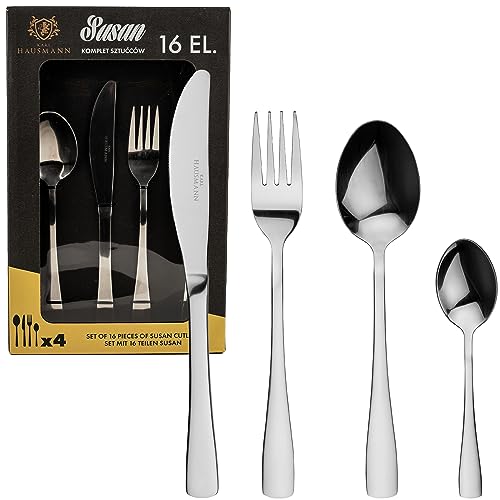 KARL HAUSMANN Besteck Set 4 Personen, 16 teilig Edelstahl 18/0 Besteckset Silber - Essbesteck mit Messer Gabel Löffel Teelöffel und Dessertgabeln, Hochglanz, Spülmaschinenfest
