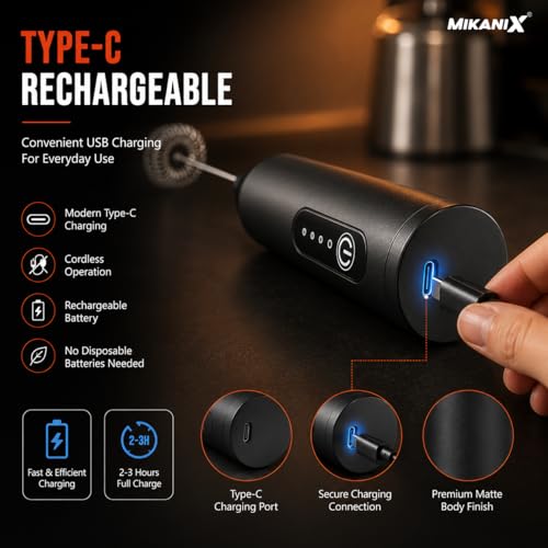 Image of MIKANIX Electric Milk Frother Handheld | Rechargeable Drink Mixer and Coffee Foamer Wand with 3 Speed Modes, Wireless Hand Held Milk Bubble Machine Whisks for Matcha, Latte, Hot Chocolate (Black)