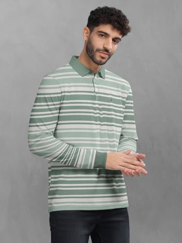 Image of BULLMER Striped Textured Printed Polo Neck Fullsleeve T-Shirt with Rib for Men