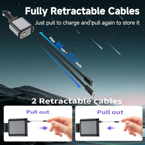 Image of Harboan Retractable Car Charger, 100W 4 in 1 Super Fast Charge Car Phone Charger, Retractable Cables (31.5 Inch) and 2 USB Ports Car Adapter for iPhone 15 /14 /13 /12 Pro Max (Retractable car Charger)