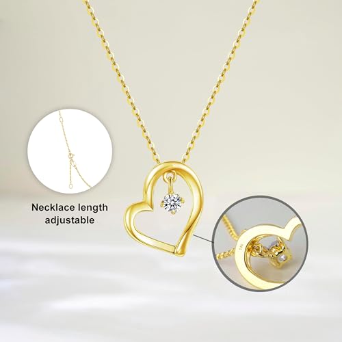 14k Solid Gold Heart Necklace for Women, Solid Gold Chain and 0.1 Carat Lab-Grown Diamonds Yellow Gold Pendant Necklaces for Her, Anniversary Jewelry Present for Wife, Gifts for Mother,16"+1"+1"3