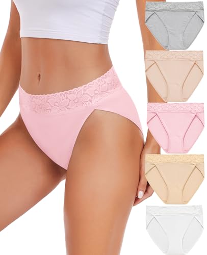Image of RHYFF Womens Underwear Cotton Bikini Panties High Cut Lace Panty Stretch Hipster Underpants Ladies Briefs S-XXL